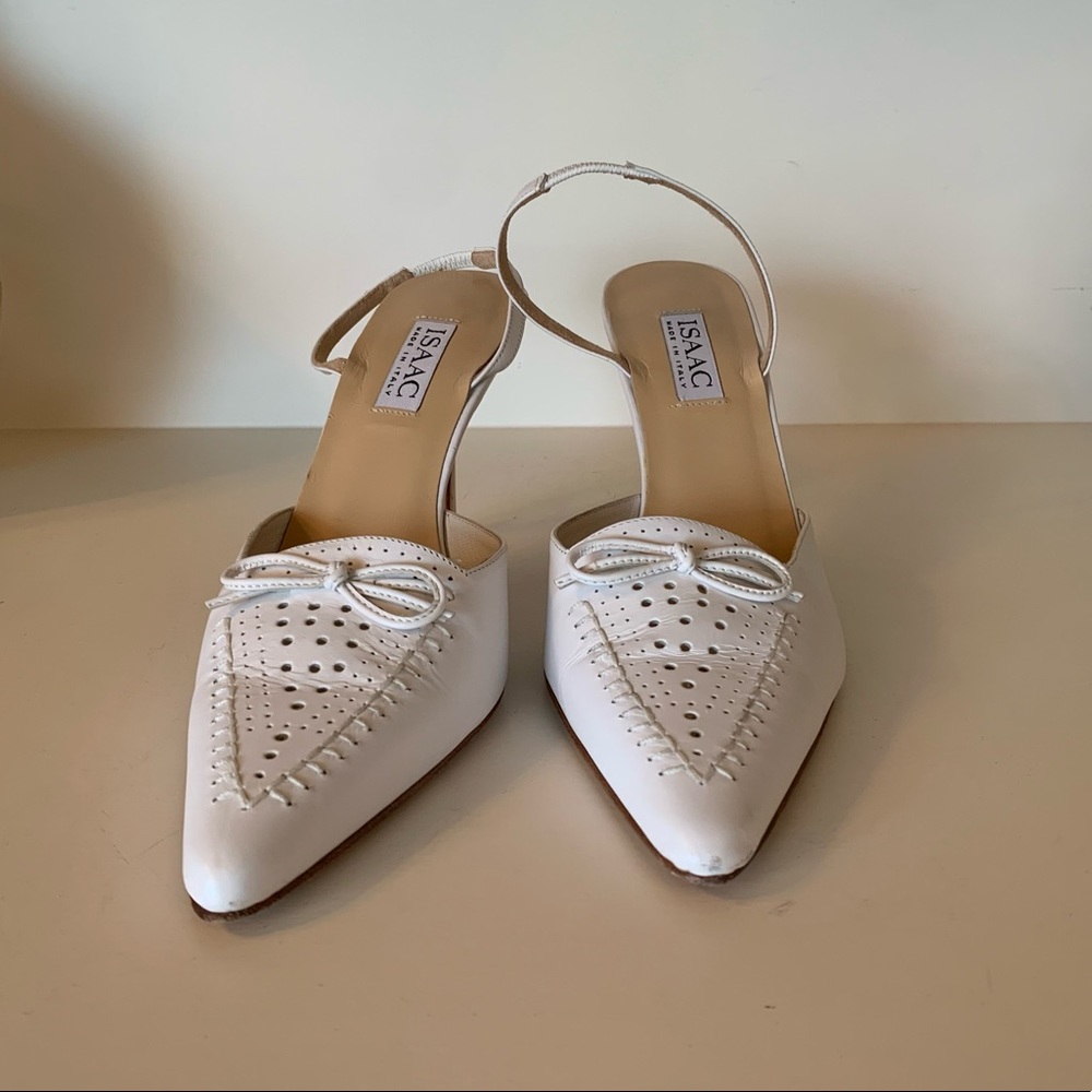 White Leather Pointed Toe Slingback Heels